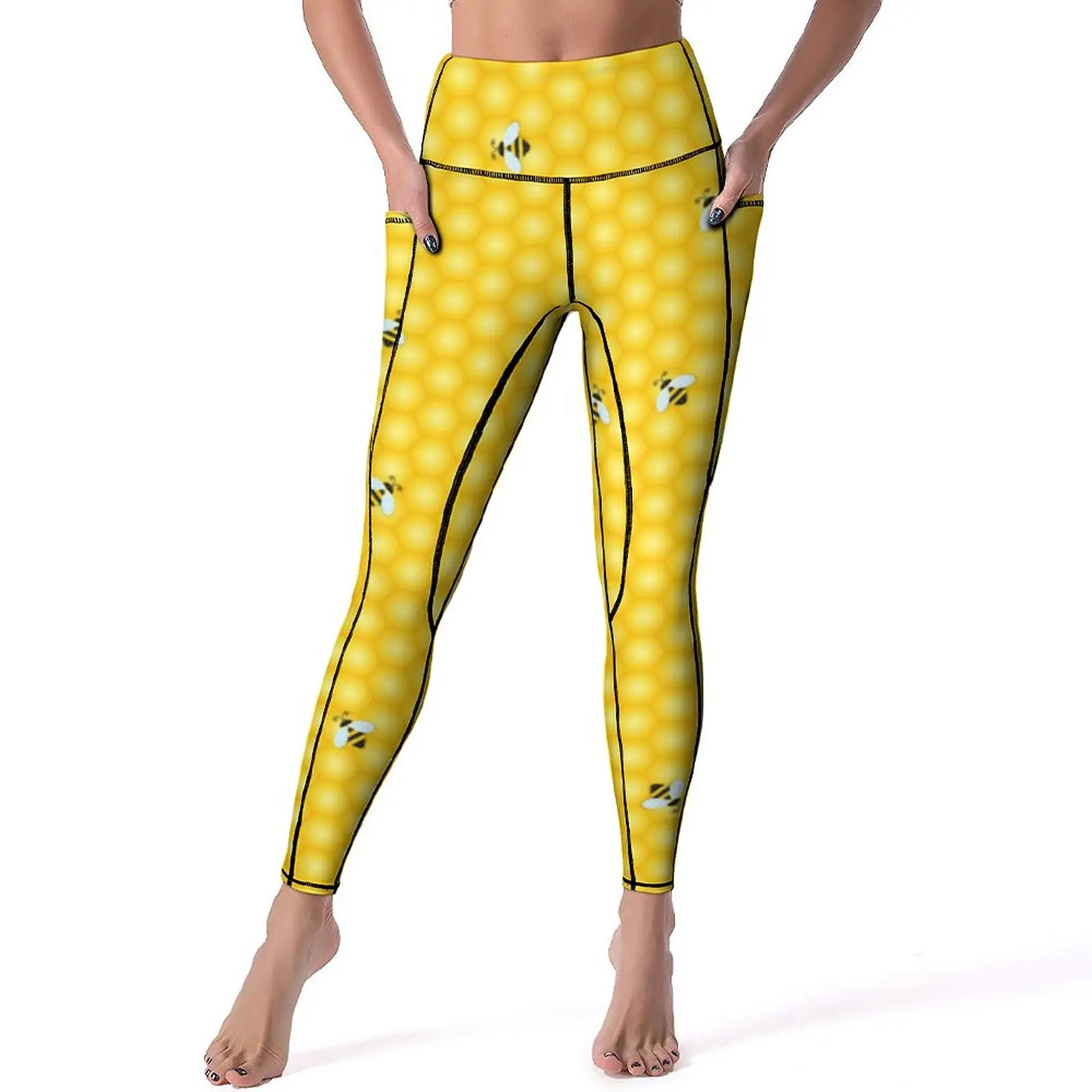 

Bumble Bees Yoga Pants Pockets Yellow Honeycomb Leggings Sexy Push Up Cute Yoga Sports Tights Quick-Dry Fitness Gym Leggins