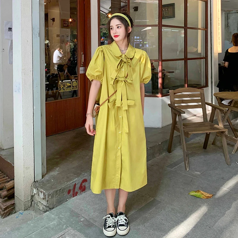 

Bubble sleeve dress women's summer Korean 2022 new design bow collar slim short sleeve skirt