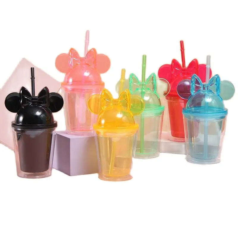 

Hot Sale Mini Ladies 350ml Portable Tumbler Double Layer Plastic Acrylic Cup with Straw Reusable Minnie's Coffee Cup Drink Water