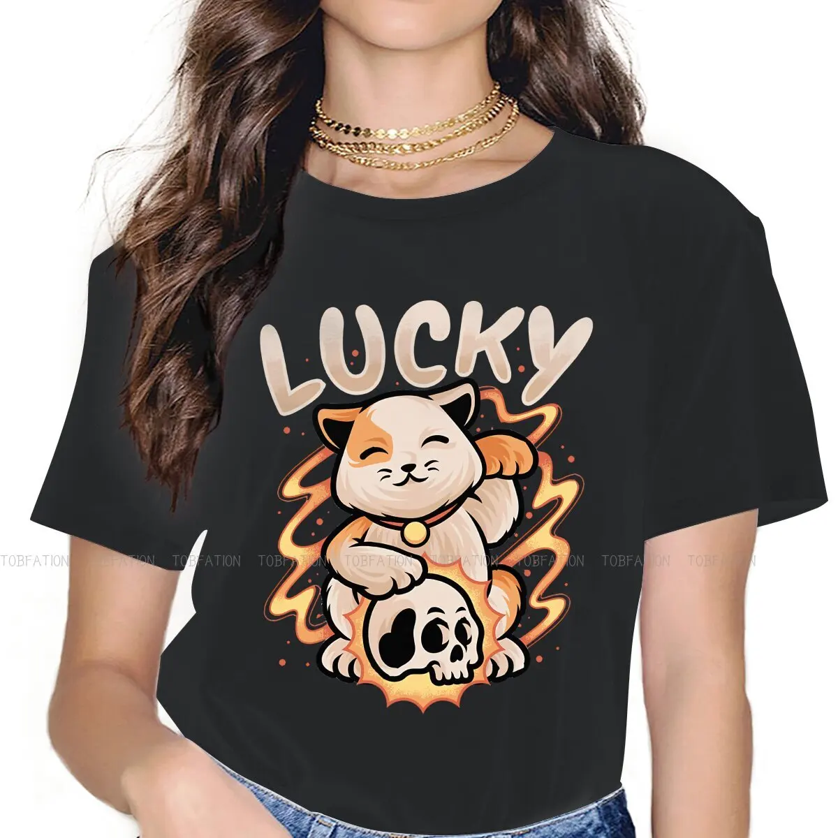 

Fortune Cat and Skeleton Women's T Shirt Lucky Cat Ladies Tees Harajuku Cotton Tops Graphic Tshirt Oversized 4XL Hipster