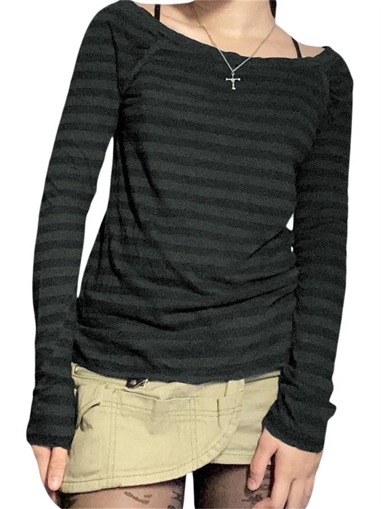 

Модные женские повседневные футболки CHRONSTYLE с круглым вырезом, топ 2023, облегающие футболки в полоску с длинным рукавом и принтом, уличная оде...