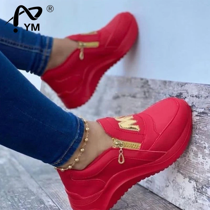 

New Women Sport Shoes Thick Bottom Solid Color Ladies Vulcanized Sneakers Casual Wedge Walking Shoes Slip On Zipper Women Shoes