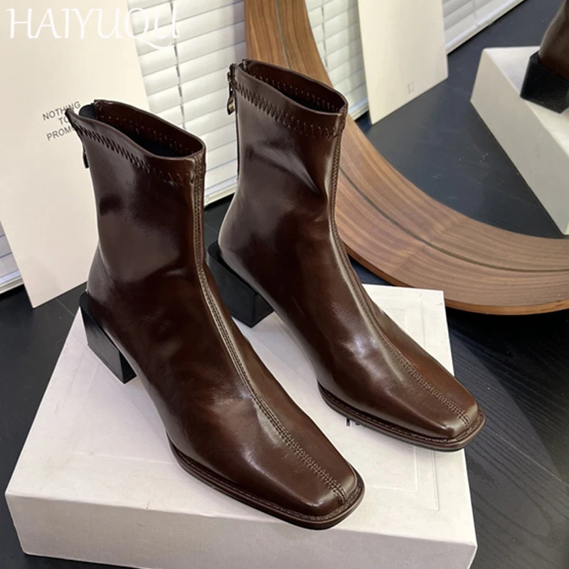 Женские кожаные ботильоны с квадратным носком дизайнерская модная повседневная
