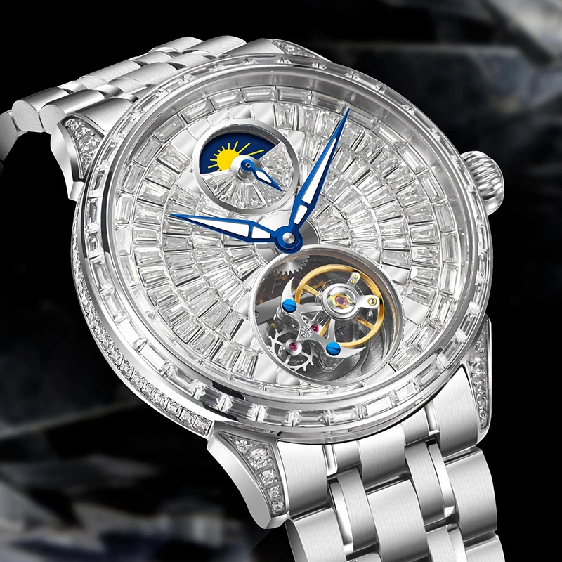 Мужские часы с бриллиантовым циферблатом, ремень из нержавеющей стали ...