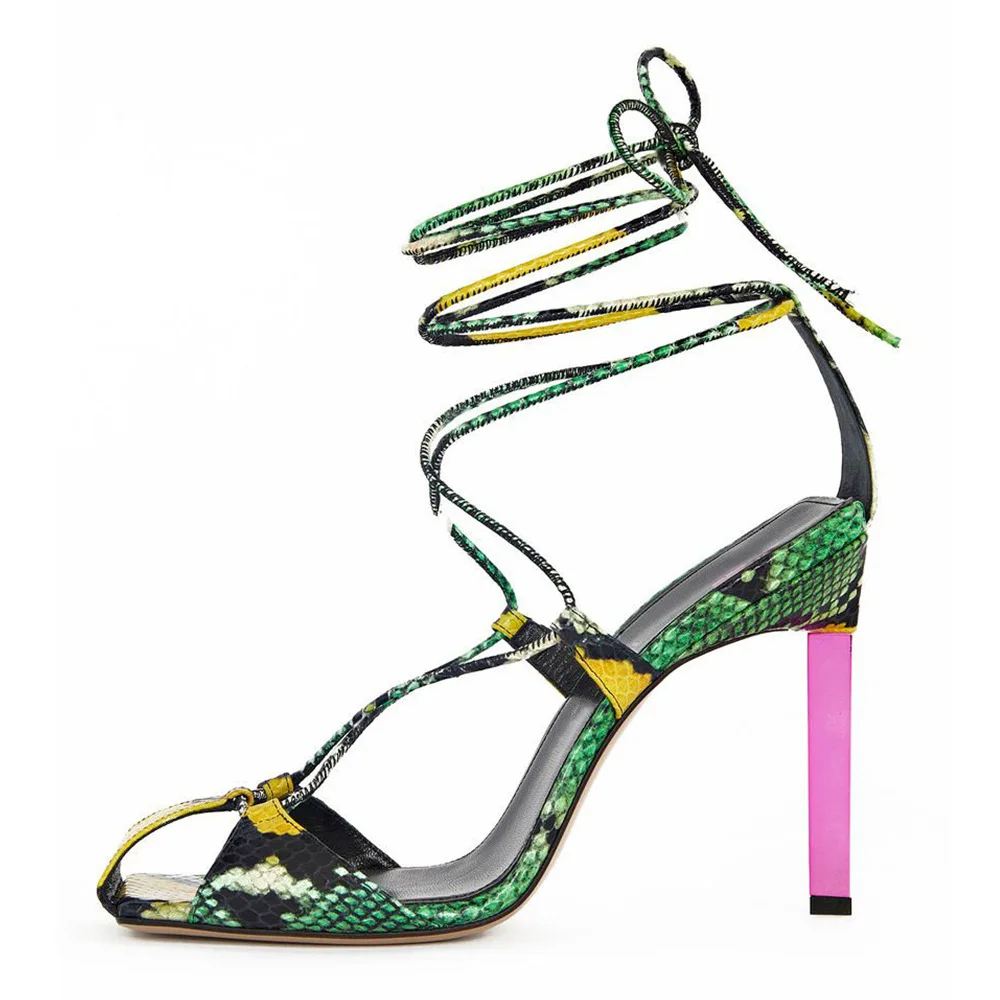 

Summer New Color-Blocking High-Heeled Strappy Sandals Fashion Square Toe Snakeskin Pattern Sexy Catwalk Ladies Roman Sandals