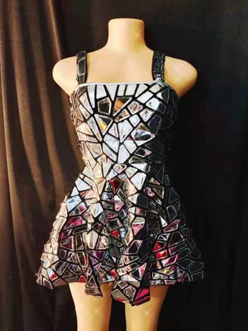 

Женское празднование дня рождения, серебряное лазерное зеркало на бретельках, мини-платье, сексуальный костюм для танца с блестками, для выпускного вечера, сценическая одежда для бара, вечеринки