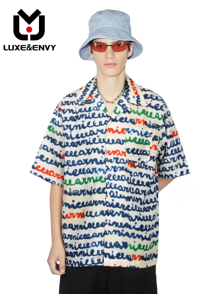 

LUXE&ENVY Vintage Short Sleeve Graffiti Print Shirt Men's Design Relaxed Casual Top Spring Summer 2023 New