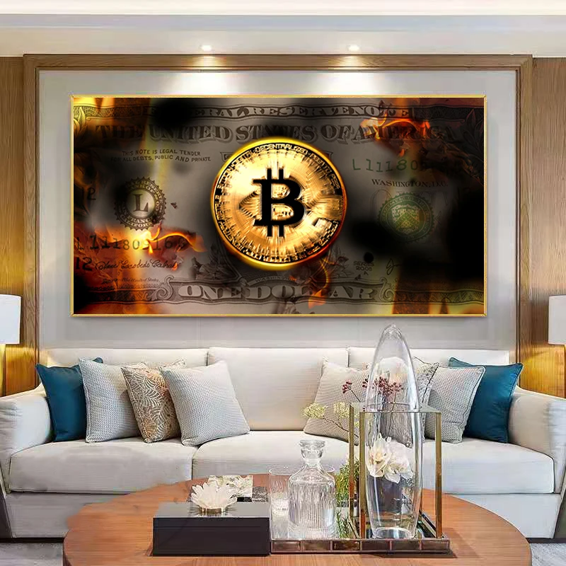 

Burning Bitcoin Money Art Canvas Painting One Dollar Poster and Print Creativity Luxury Wall Art Cuadros Room Home Decor Picture