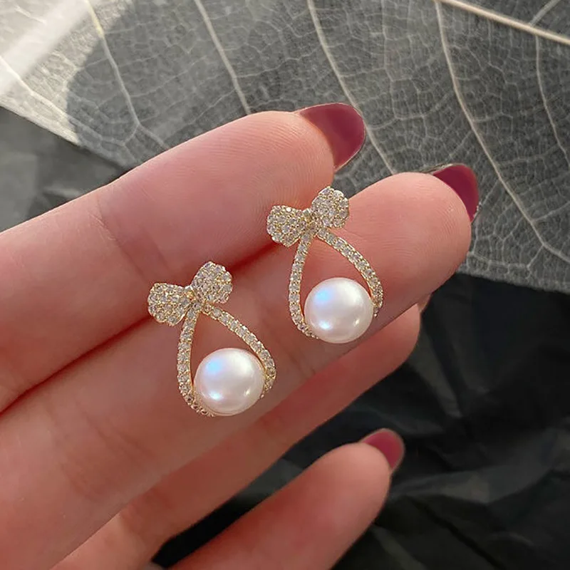 

New Trendy Fresh Diamond Studded Pearl Bow Earring Japanese And Korean Style Earrings For Women Summer Jewelry As Party Gfits