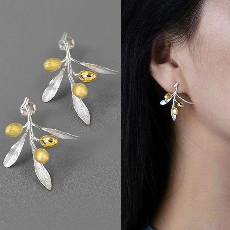 

Korean Fashion Silver Color Olive Leaves Branch Fruits Stud Earrings for Women Statement Gift Party Wedding Jewelry Dropshipping
