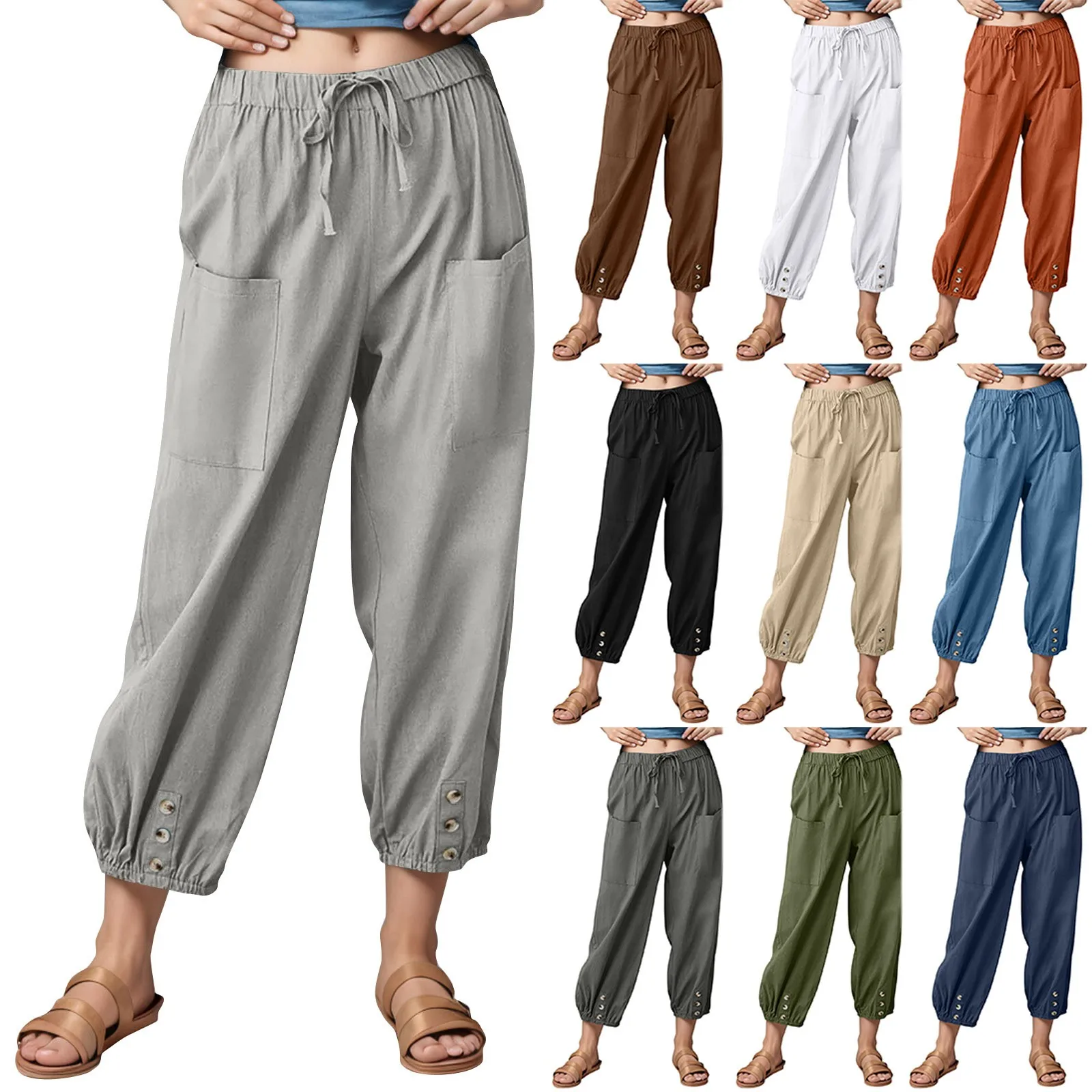 Повседневные женские шаровары длиной до щиколотки из смеси хлопка и льна с