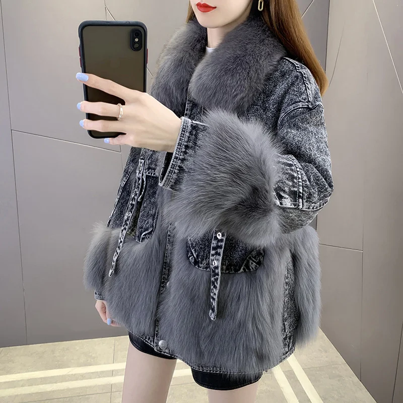 Fashion Denim Stitching Short Faux Fur Coat Women's 2022 Autumn And Winter New All-match Motorcycle Parka Cotton Jacket Trend