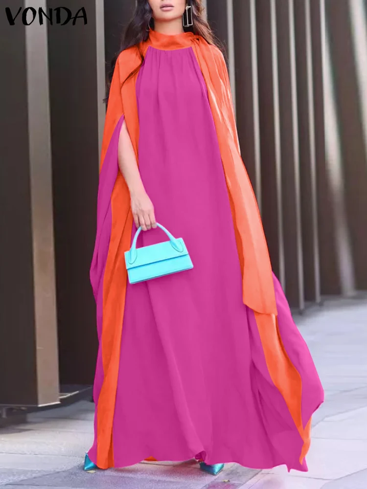 

Women Bohemian Party Dress 2023 VONDA Women Vintage Patchwork Bat Sleeve Sundress Beach Vestidos Summer Floor-Length Dress