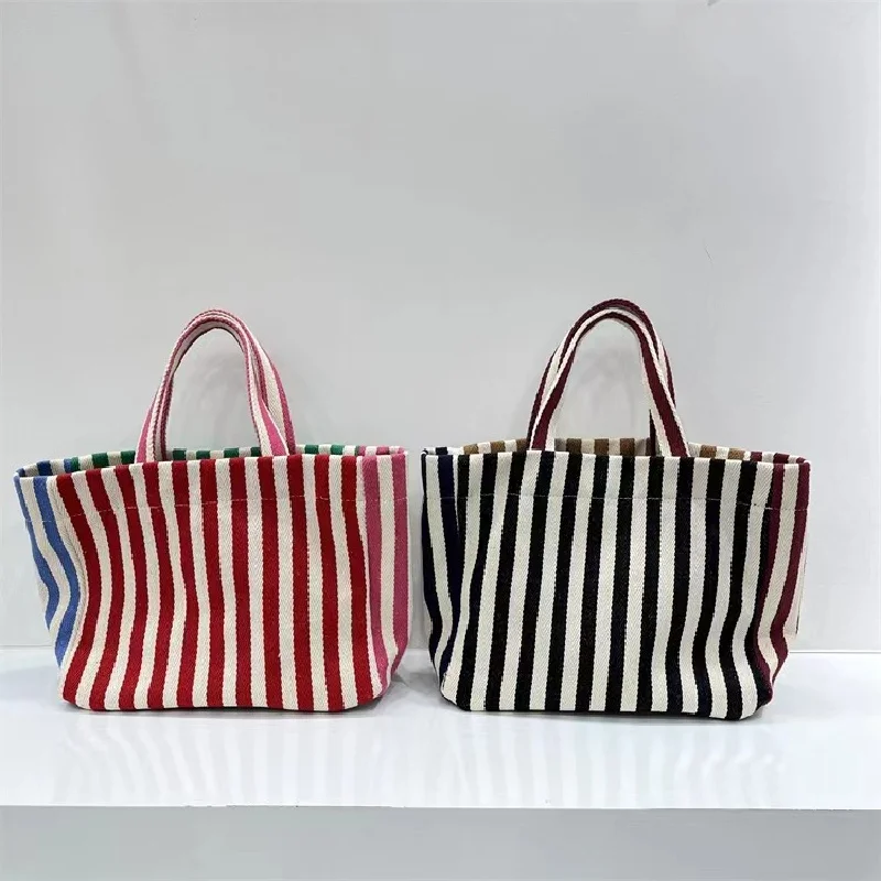 Fashion Striped Bag For Women Shoulder Bag Korean Style Large Basket Canvas Handbag Crossbody Simple Travel Satchels Tote Bag
