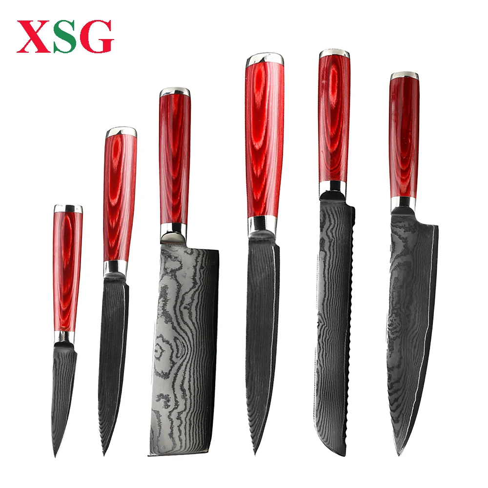 

XSG 6Pcs Damascus Kitchen Knives Set Japanese Santoku Chef Knife VG10 Damascus Steel Utility Cleaver Red Mercata G10 Handle