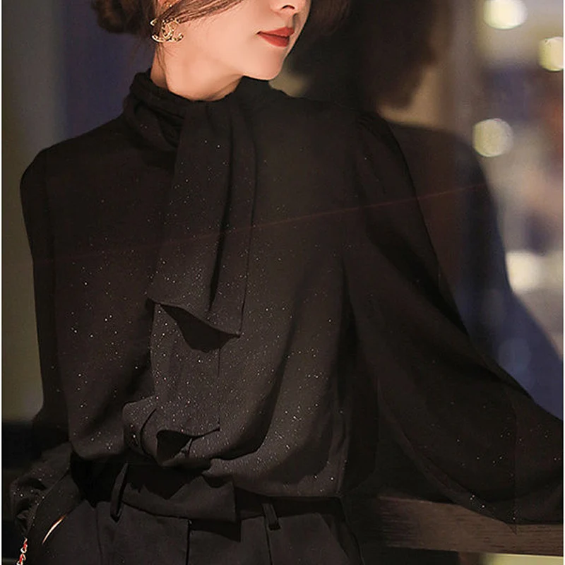 Весенне-осенняя новая однотонная модная рубашка с шарфом и воротником длинным