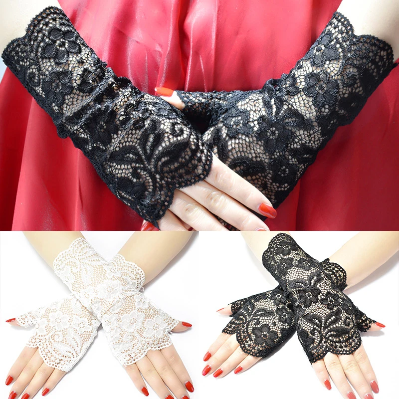 Long Fingerless Women Sexy Lace Gloves White Black Ladies Half Finger Fishnet Gloves Sunscreen Mesh Glove Elastic Mittens