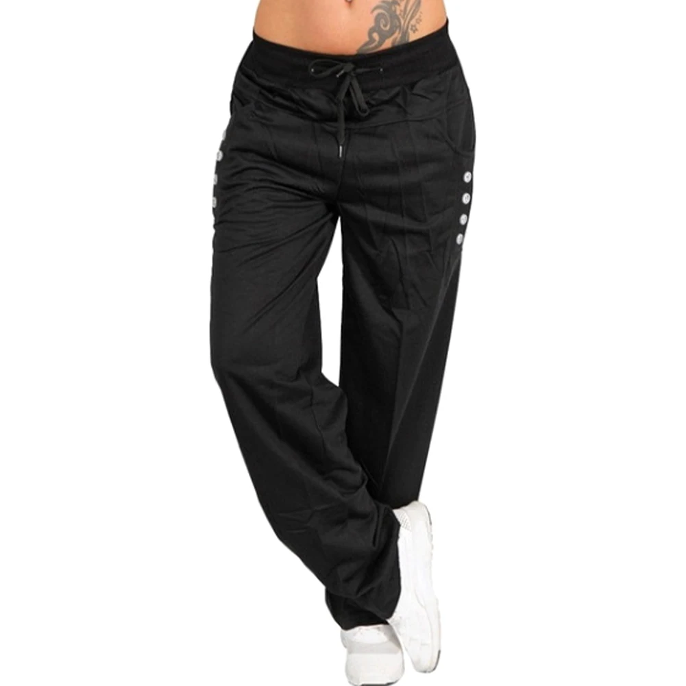 

Elastic Waist Gym Sport Pure Color With Pockets Yoga Women Harem Pants Loose Casual Jogger Straight Leg Cotton Blend Workout