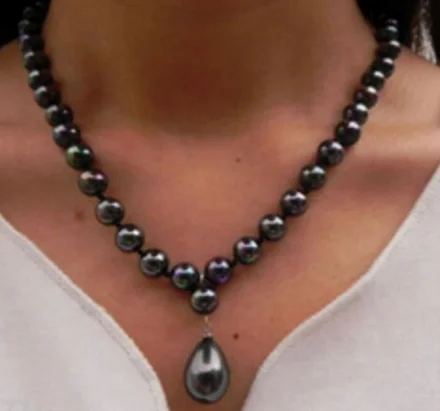

Free shipping Elegant 8mm Rainbow Black South Sea Shell Pearl Drop Pendant Necklace