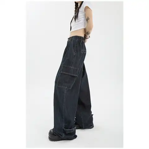 Women's Blue Vintage Wide Leg Jeans Fashion Baggy High Waist Straight Pants High Street Mopping Denim Trouser Autumn Ladies