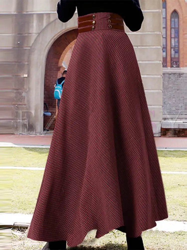 

ZANZEA Women Spring Grid Printed Skirts Zipper High Waist A-Line Sundress Femme Fashion Casual Oversized Kaftan Mujer Skirts