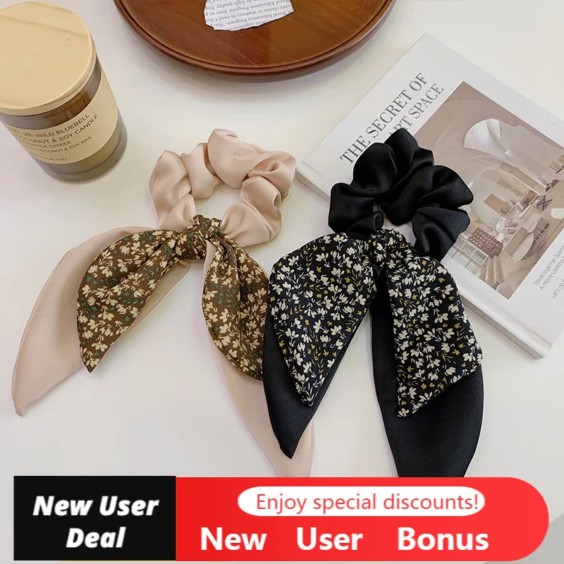 

Ponytail Holder Headband Vintage Print Hair Bands Nylon Rubber Bow Satin Hair Accessories Flower Summer Headwear Long Ribbon