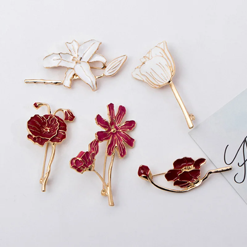

Enamel Flower Brooches White Red Lily Tulip Daisy Rose Woman Pin Suit Corsage Wedding Party Decorations