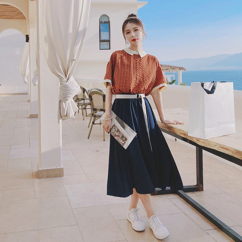 

Женское платье в полоску с поясом, элегантное свободное повседневное ТРАПЕЦИЕВИДНОЕ ПЛАТЬЕ в Корейском стиле, модель 2023 на лето, 2309