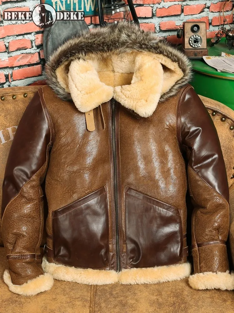 

Winter Thicken Warm Wool Liner Genuine Leather Jacket Men Real Fur Pilot Overcoat Hooded Motorcycle Sheep Shearling Jacket 6XL