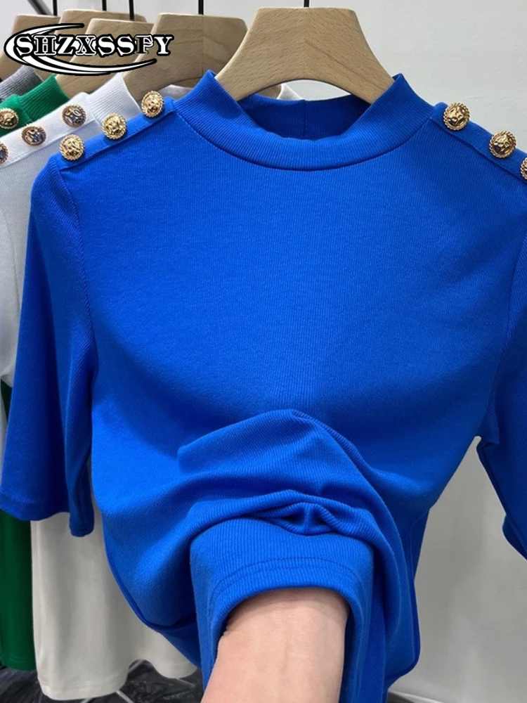 

Woman T-shirts Casual Spring Summer Button O-Neck Women's Tee Shirt Fashion Blue Summer Shirts for Women Loose Tops Women 2022