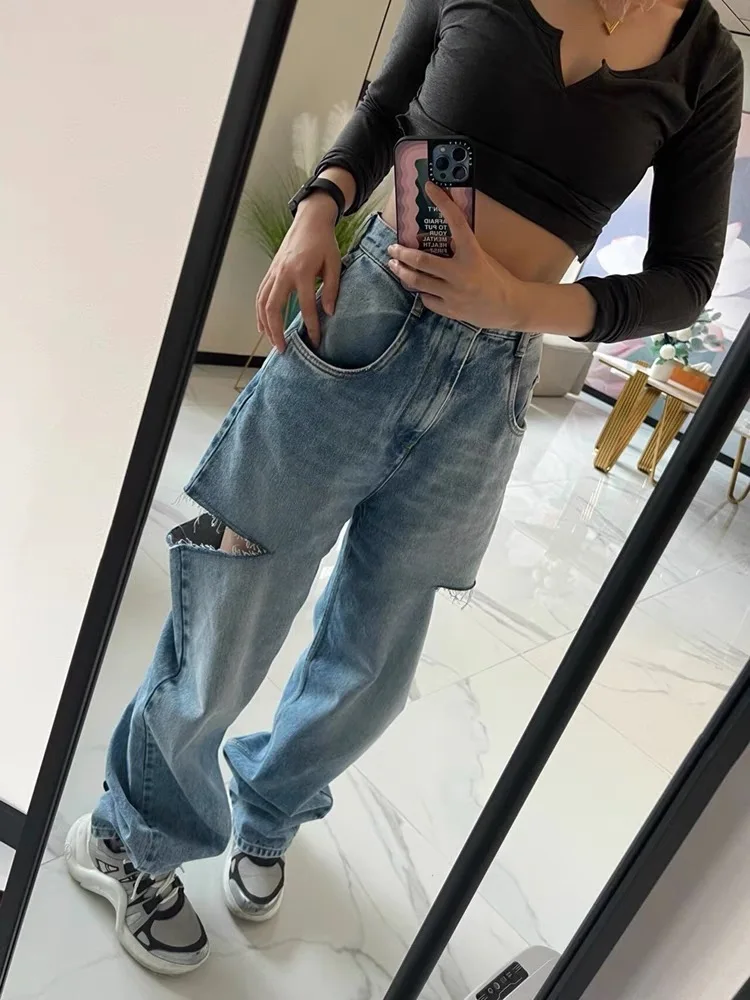 

Majira new spring and fall couple niche design style knife cut hole jeans men and women high-waisted thin wide-legged pants