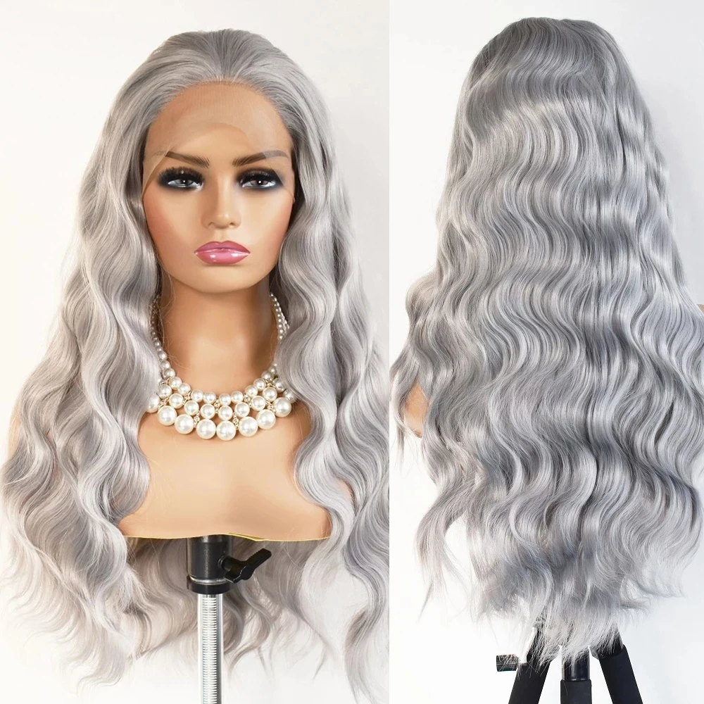 

Silver Grey Wig Natural Deep Wave Hair Wigs High Temperature Fiber Synthetic Lace Front Wig Pre Plucked With Hairline Cosplay