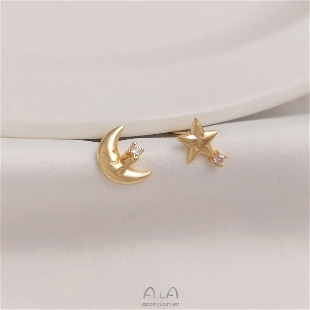 

Zirconium star-moon silver stud earrings 14K gold plated star-moon smiley face 925 silver stud simple luxury earrings