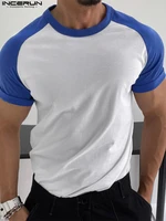 incerun tops 2022 american style new men casual raglan sleeve blouse simple male colorblock short sleeve fitness t shirts s 5xl