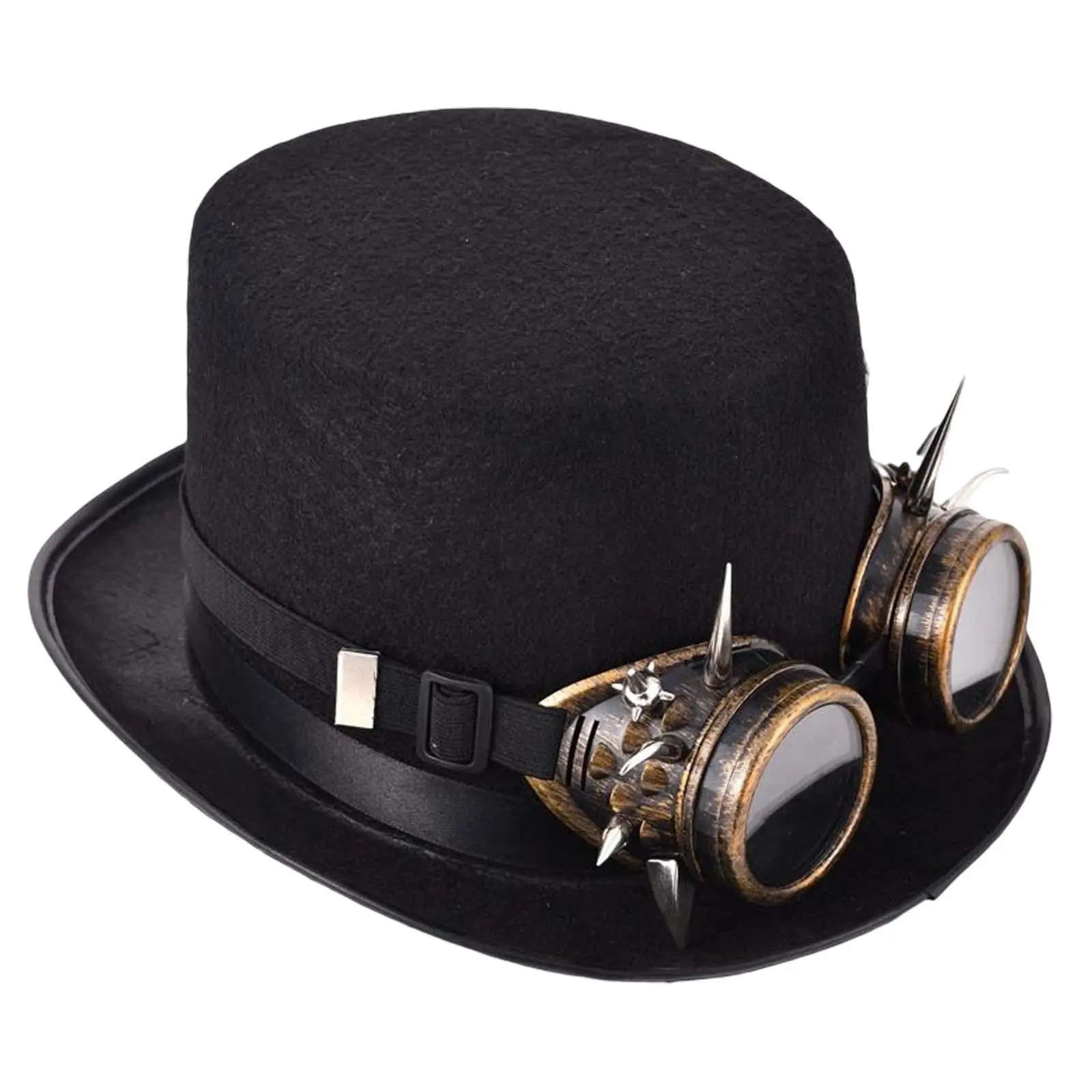 

Punk Steampunk Hat with Goggles Black Top Hat Elegant for Most Men and Women Halloween Cosplay Costume Black Made of Thick Felt