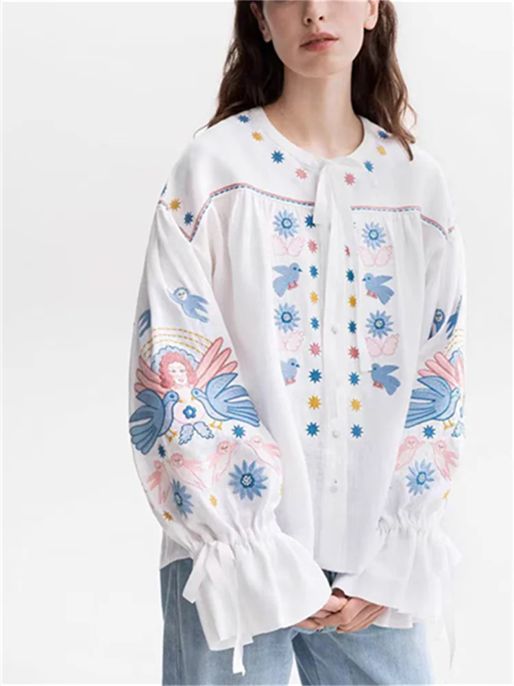 Женская Свободная блузка с круглым вырезом рукавами-фонариками и вышивкой в виде