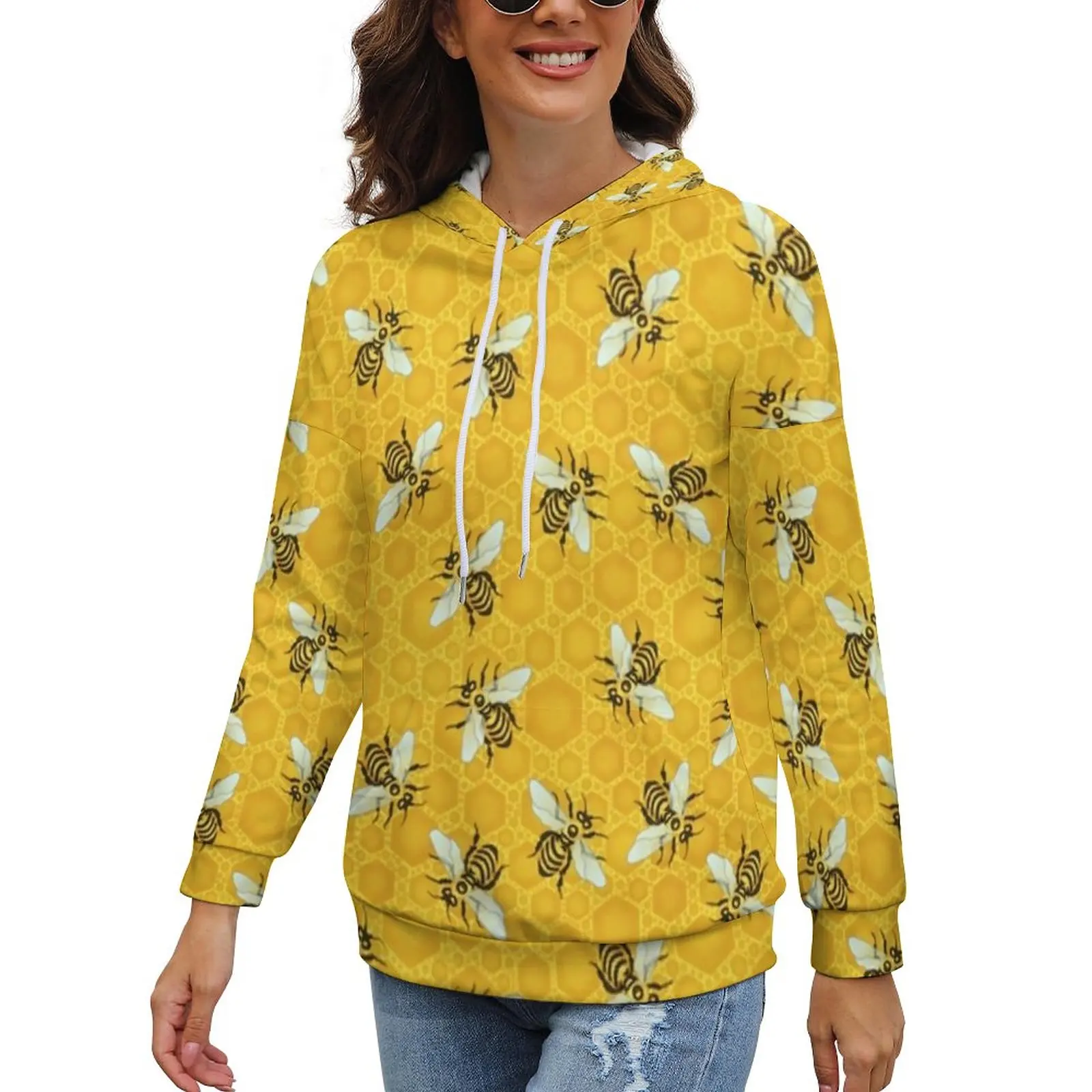 

Honey Bees Hoodies Womens Cute Honeycomb Basic Hoodie Autumn Long Sleeve Modern Printed Clothing Big Size