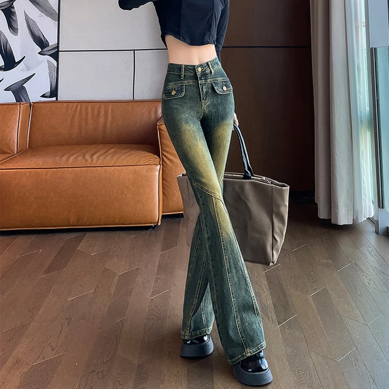 Женские джинсы-клеш в стиле панк с высокой талией женские винтажные эластичные