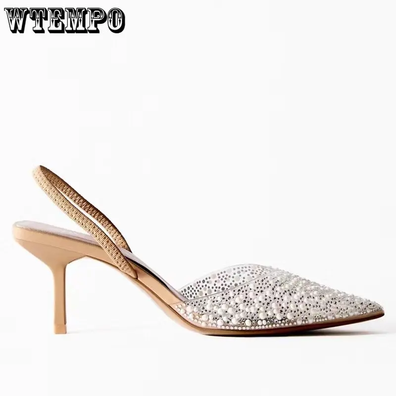 WTEMPO Women Pointed Head High Heeled Sandals Summer Sexy Shoes Fashion Pearl Decoration Slingback Pumps Wholesale Dropshipping