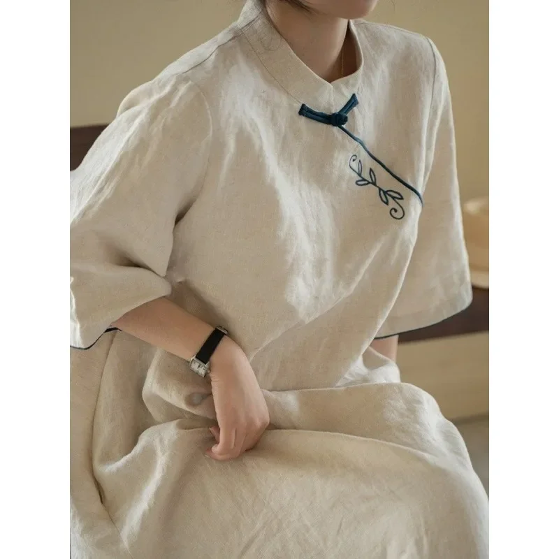 Осень 2024 элегантная традиционная одежда женское свободное платье Cheongsam из хлопка