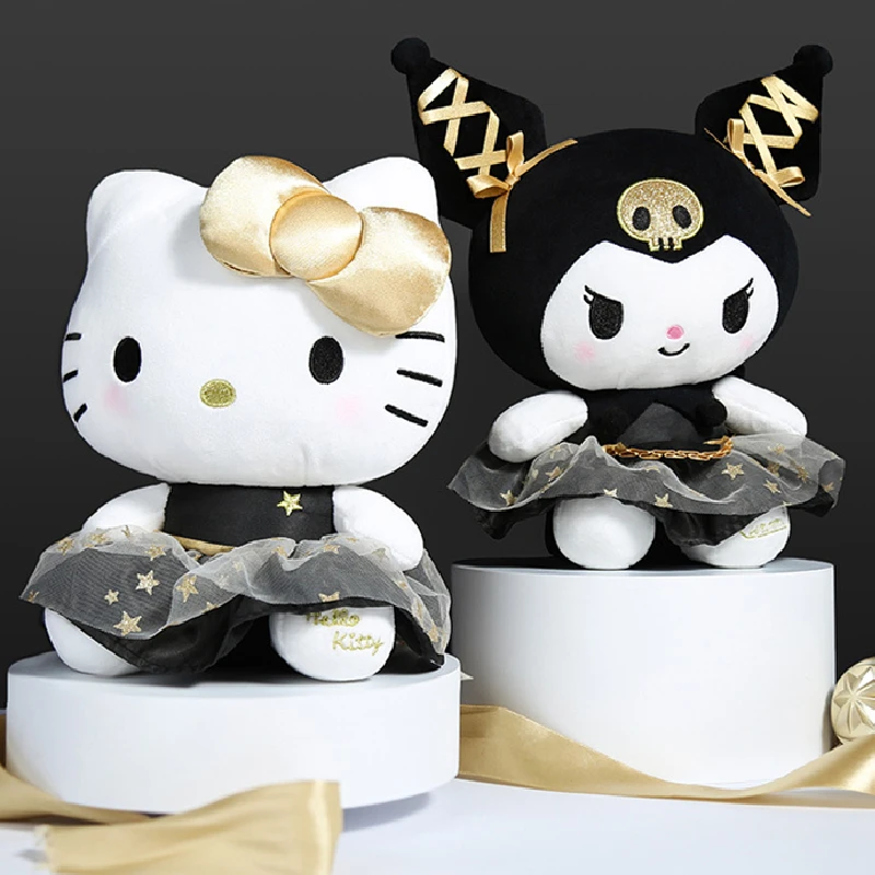 

30cm Sanrio Kawaii Black And Gold Series Kuromi Hello Kitty Plush Toy Pillow Soft Stuffed Plushies Anime Cartoon Doll Gift