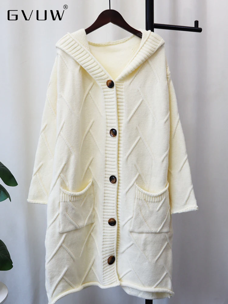 

GVUW 2023 Autumn New Long Knitted Cardigan For Women Korean Loose Hooded Fashion Single Breasted Pockets Sweater Female 17G2157
