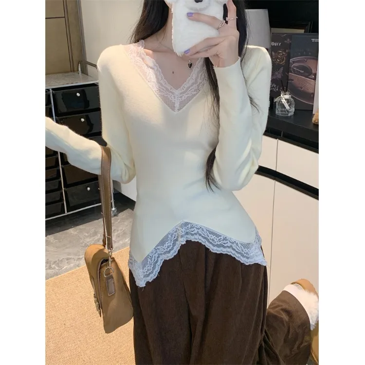 Pure Desire Temperament Кружевная строчка Свитер с v-образным вырезом и длинными рукавами