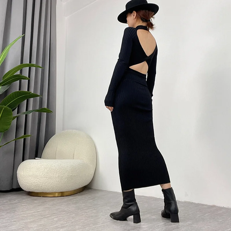 Black Bodycone Knitted Backless Dress Spring New Sexy Ladies Navy Blue Ribbed Back Cut Out 2022