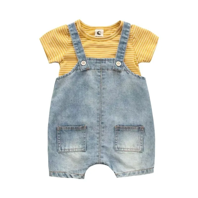 

Toddler Denim Overalls Suit Baby Boy Striped T-shirt Trendy Summer New 2022 One-piece Baby Clothes Two Piece Set Summer