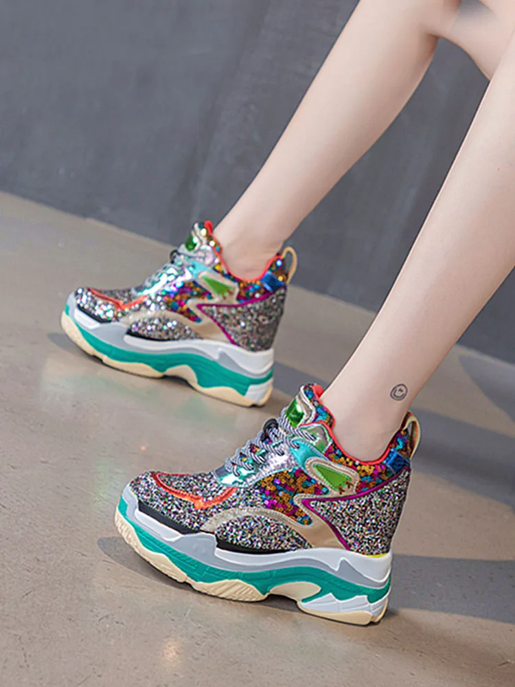 

2022 NEW Platform Shoes Women's Thick-Soled Spring 11cm Versatile Height Increasing Insole Sequins Casual Sports Dad Shoes