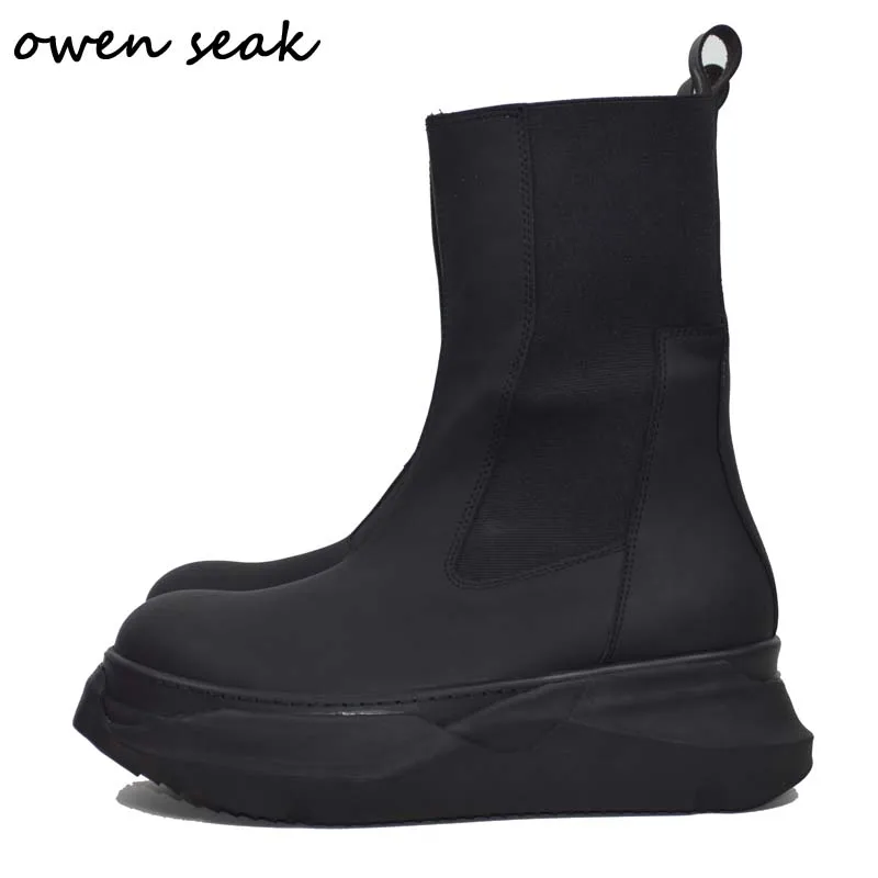 

Owen Seak Men Leather Chelsea Boots Luxury Trainers Casual Women Shoes Height Increasing High-TOP Flats Black Autumn Sneakers