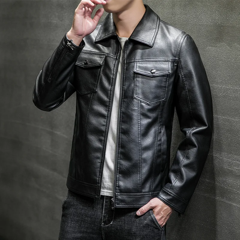 

Men's leather coat 2022 new men's casual coat Korean youth slim lapel leather U jacket hair generation