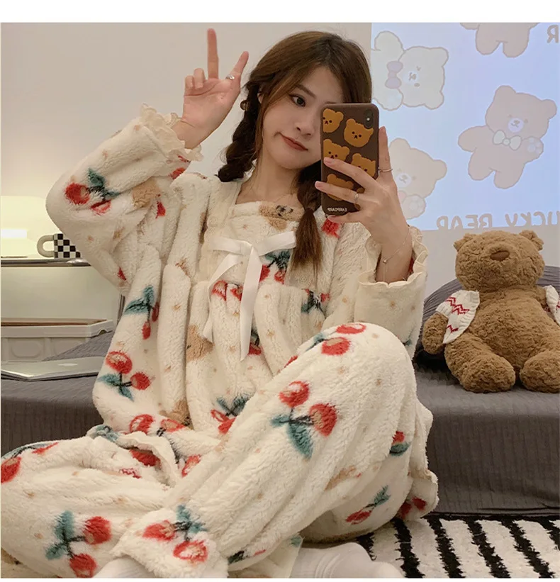 Yasuk Autumn Winter Fashion Women's Casual Lovely Print Cherry Bear Lace Warm Soft Sleepwear Pajamas With Pants Flannel Pullover