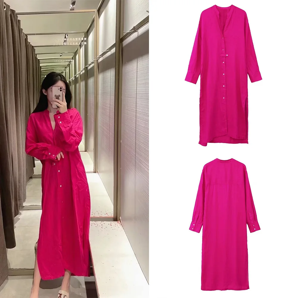 

Длинное льняное платье-рубашка с V-образным вырезом и пуговицами